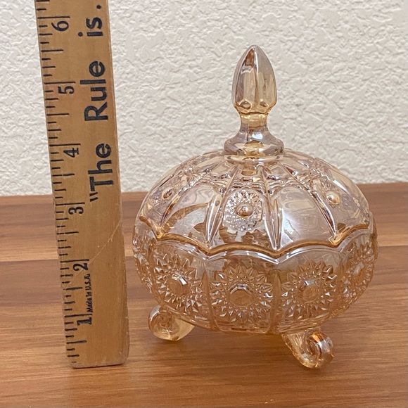 Iridescent Gold Crystal Carnival Glass Footed Flower Relief Lidded Candy Dish - Picture 4 of 12